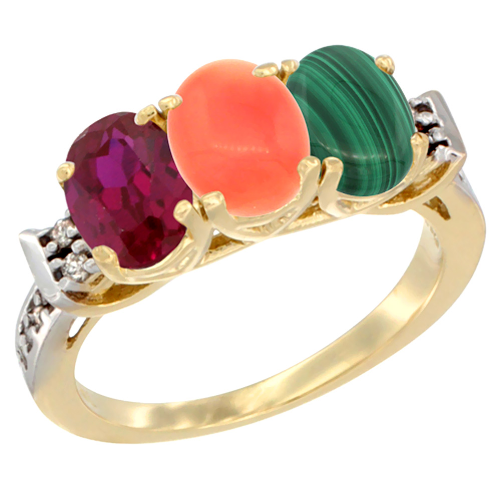 10K Yellow Gold Enhanced Ruby, Natural Coral & Malachite Ring 3-Stone Oval 7x5 mm Diamond Accent, sizes 5 - 10