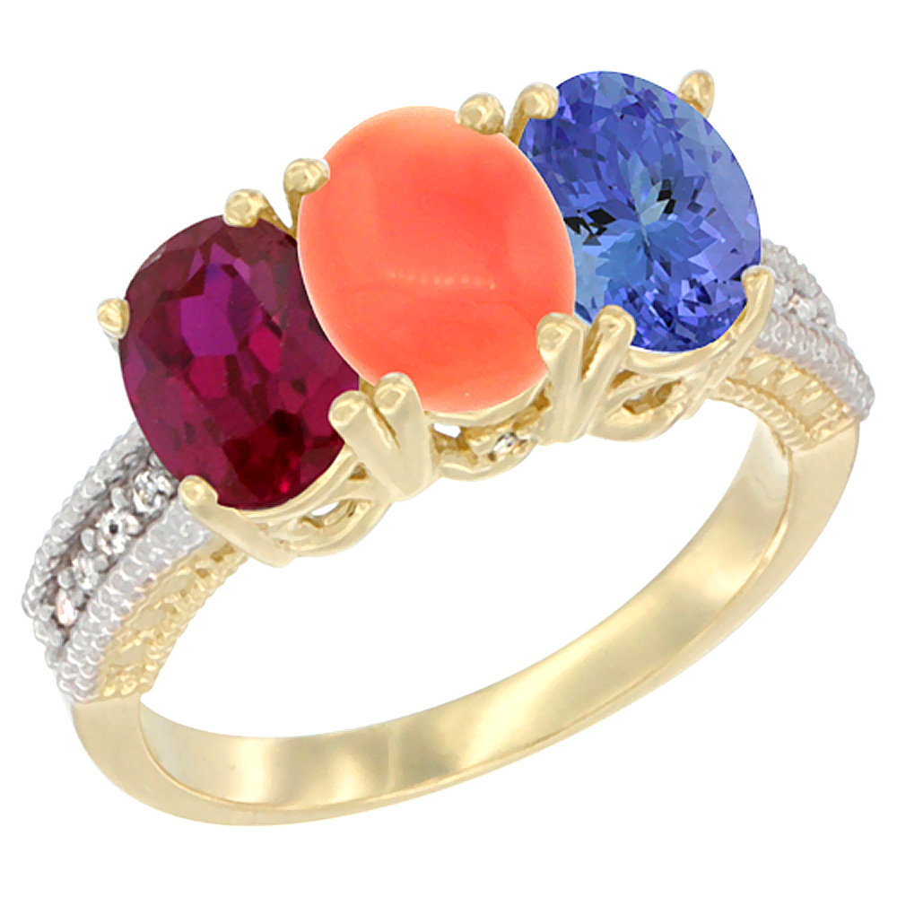 14K Yellow Gold Enhanced Ruby, Natural Coral & Tanzanite Ring 3-Stone 7x5 mm Oval Diamond Accent, sizes 5 - 10