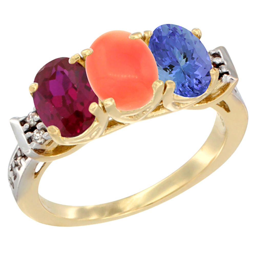 14K Yellow Gold Enhanced Ruby, Natural Coral &amp; Tanzanite Ring 3-Stone Oval 7x5 mm Diamond Accent, sizes 5 - 10