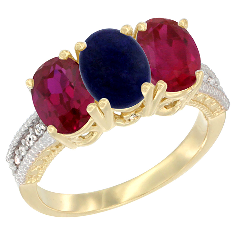 14K Yellow Gold Natural Lapis & Enhanced Ruby Sides Ring 3-Stone 7x5 mm Oval Diamond Accent, sizes 5 - 10