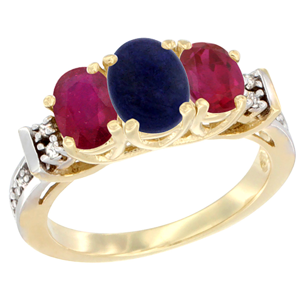 14K Yellow Gold Natural Lapis & Enhanced Ruby Ring 3-Stone Oval Diamond Accent
