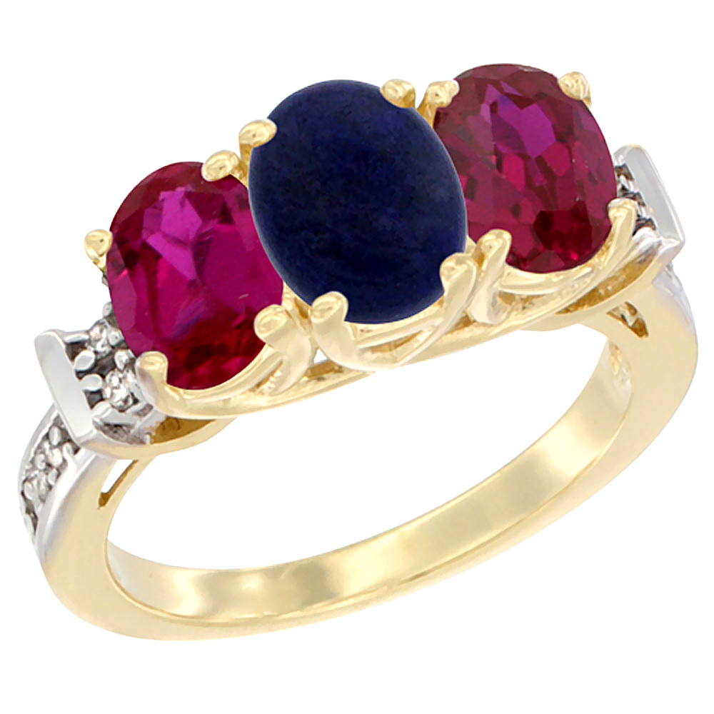 10K Yellow Gold Natural Lapis &amp; Enhanced Ruby Sides Ring 3-Stone Oval Diamond Accent, sizes 5 - 10