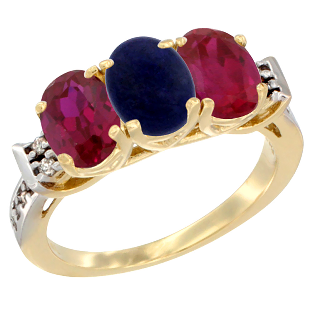14K Yellow Gold Natural Lapis & Enhanced Ruby Sides Ring 3-Stone Oval 7x5 mm Diamond Accent, sizes 5 - 10