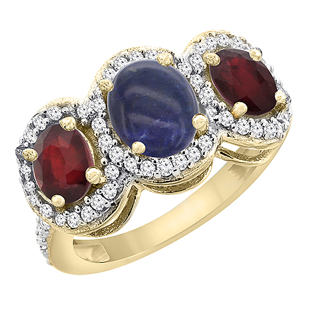 14K Yellow Gold Natural Lapis & Enhanced Ruby 3-Stone Ring Oval Diamond Accent, sizes 5 - 10
