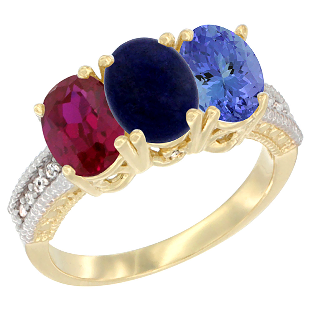 14K Yellow Gold Enhanced Ruby, Natural Lapis &amp; Tanzanite Ring 3-Stone 7x5 mm Oval Diamond Accent, sizes 5 - 10