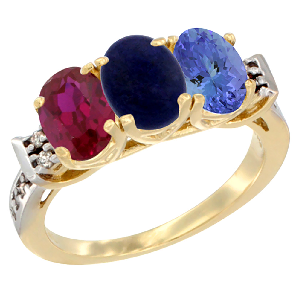 10K Yellow Gold Enhanced Ruby, Natural Lapis & Tanzanite Ring 3-Stone Oval 7x5 mm Diamond Accent, sizes 5 - 10