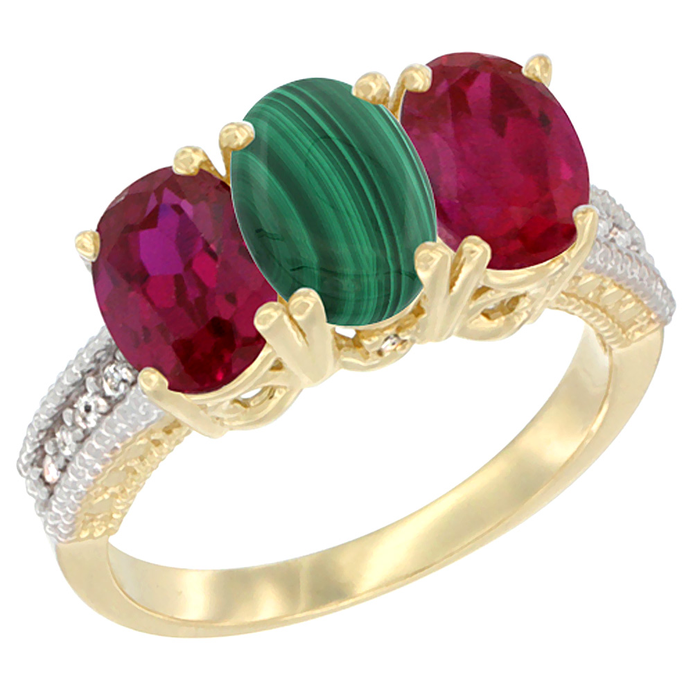 14K Yellow Gold Natural Malachite & Enhanced Ruby Sides Ring 3-Stone 7x5 mm Oval Diamond Accent, sizes 5 - 10
