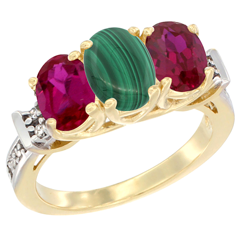 10K Yellow Gold Natural Malachite & Enhanced Ruby Sides Ring 3-Stone Oval Diamond Accent, sizes 5 - 10
