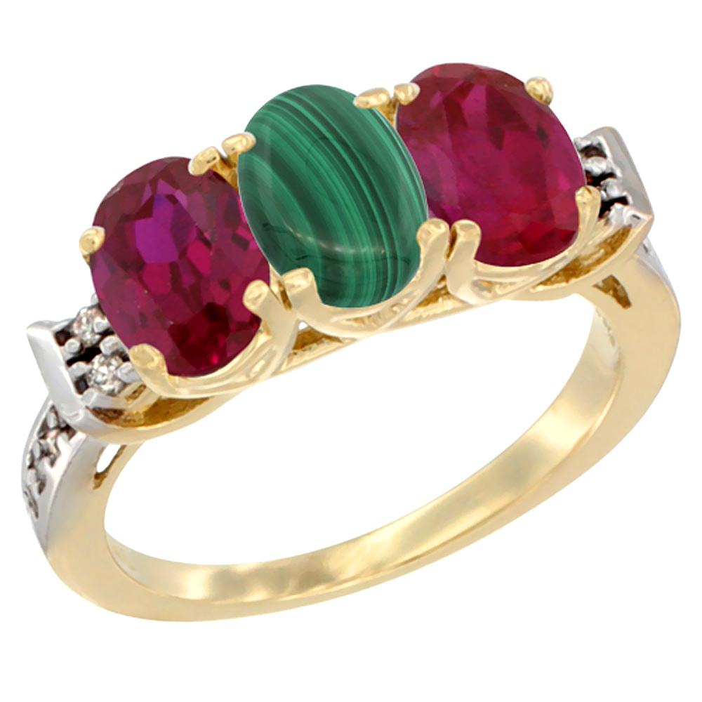 14K Yellow Gold Natural Malachite & Enhanced Ruby Sides Ring 3-Stone Oval 7x5 mm Diamond Accent, sizes 5 - 10