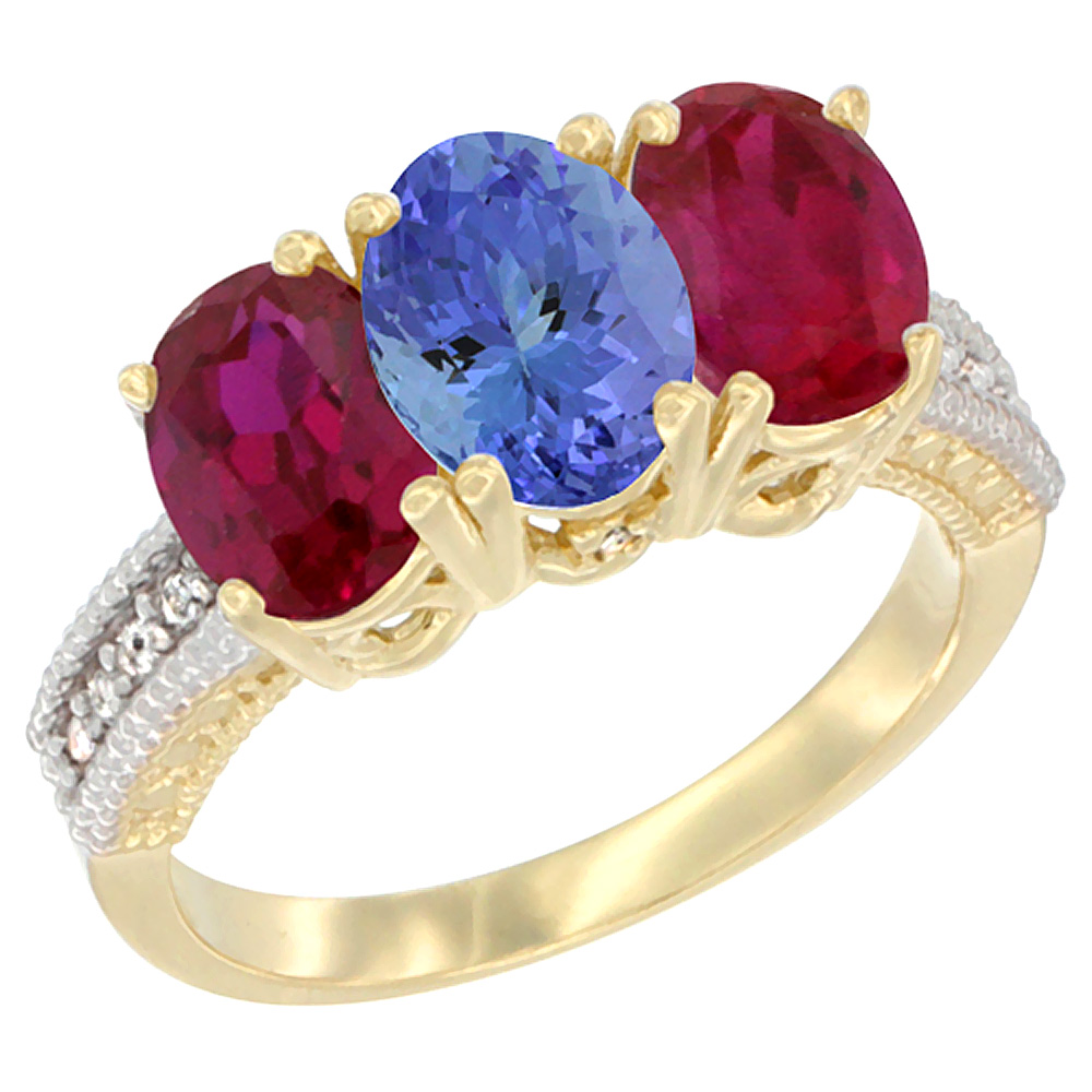 14K Yellow Gold Natural Tanzanite &amp; Enhanced Ruby Sides Ring 3-Stone 7x5 mm Oval Diamond Accent, sizes 5 - 10
