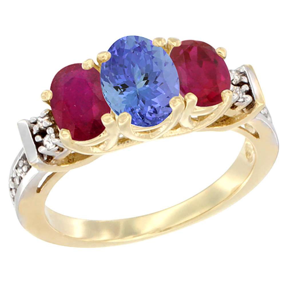 10K Yellow Gold Natural Tanzanite &amp; Enhanced Ruby Ring 3-Stone Oval Diamond Accent