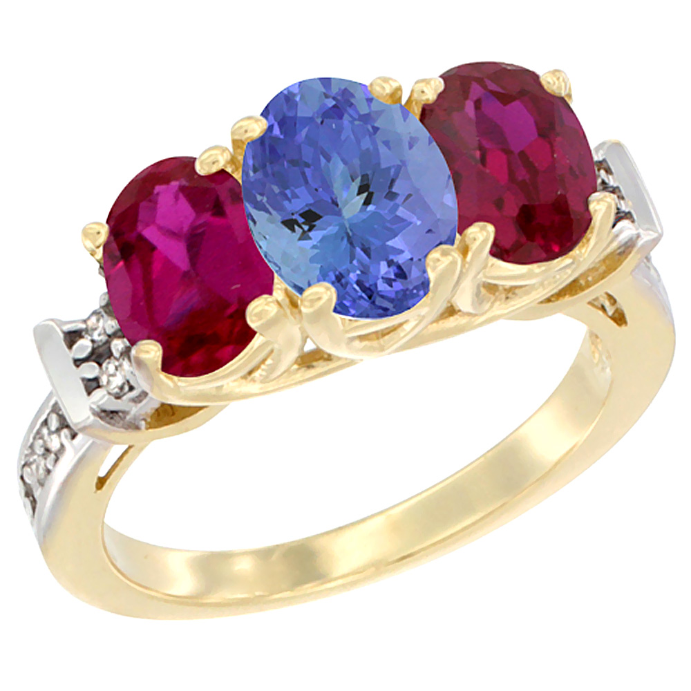 10K Yellow Gold Natural Tanzanite & Enhanced Ruby Sides Ring 3-Stone Oval Diamond Accent, sizes 5 - 10