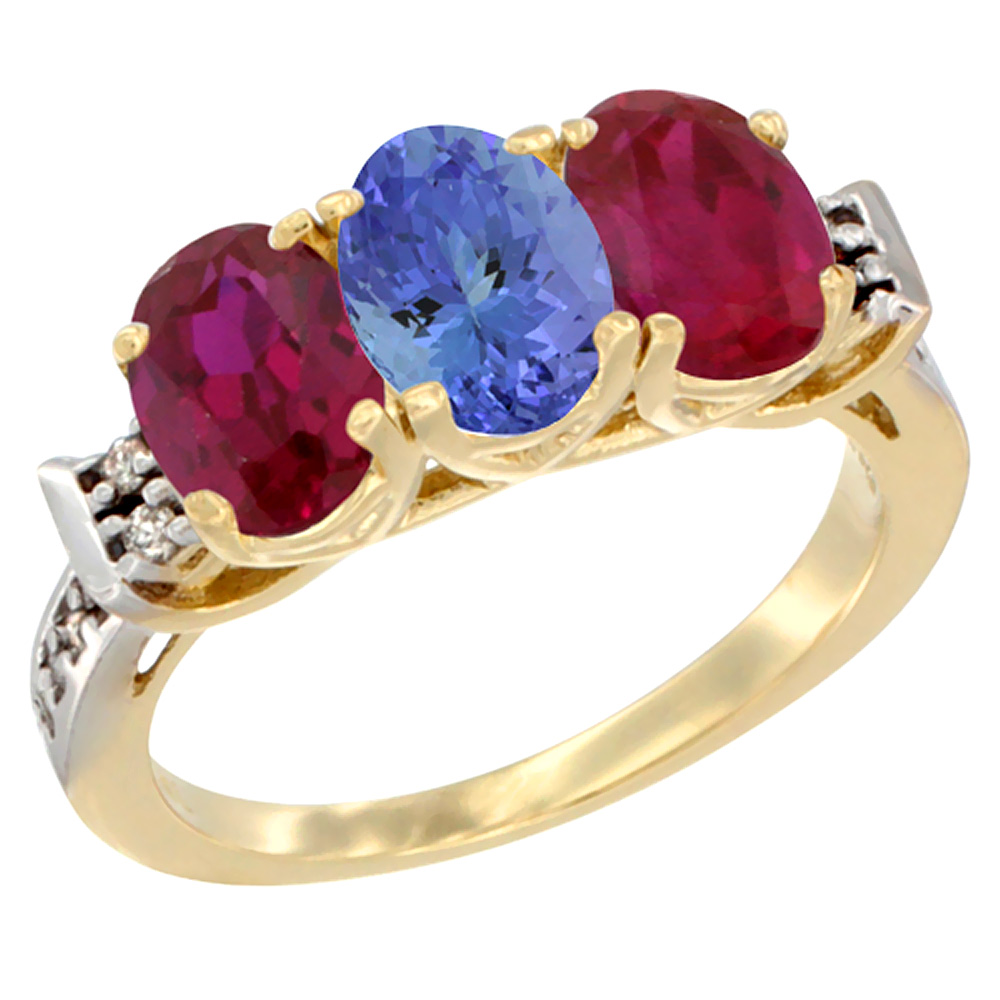 14K Yellow Gold Natural Tanzanite &amp; Enhanced Ruby Sides Ring 3-Stone Oval 7x5 mm Diamond Accent, sizes 5 - 10