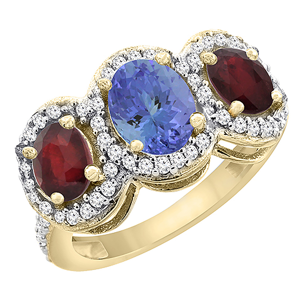 14K Yellow Gold Natural Tanzanite &amp; Enhanced Ruby 3-Stone Ring Oval Diamond Accent, sizes 5 - 10