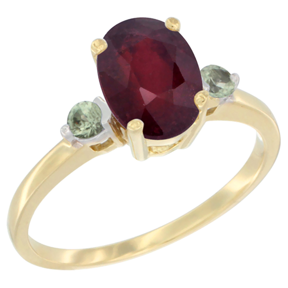 10K Yellow Gold Diamond Natural Quality Ruby Engagement Ring Oval 9x7 mm Green Sapphire Accent, size 5-10