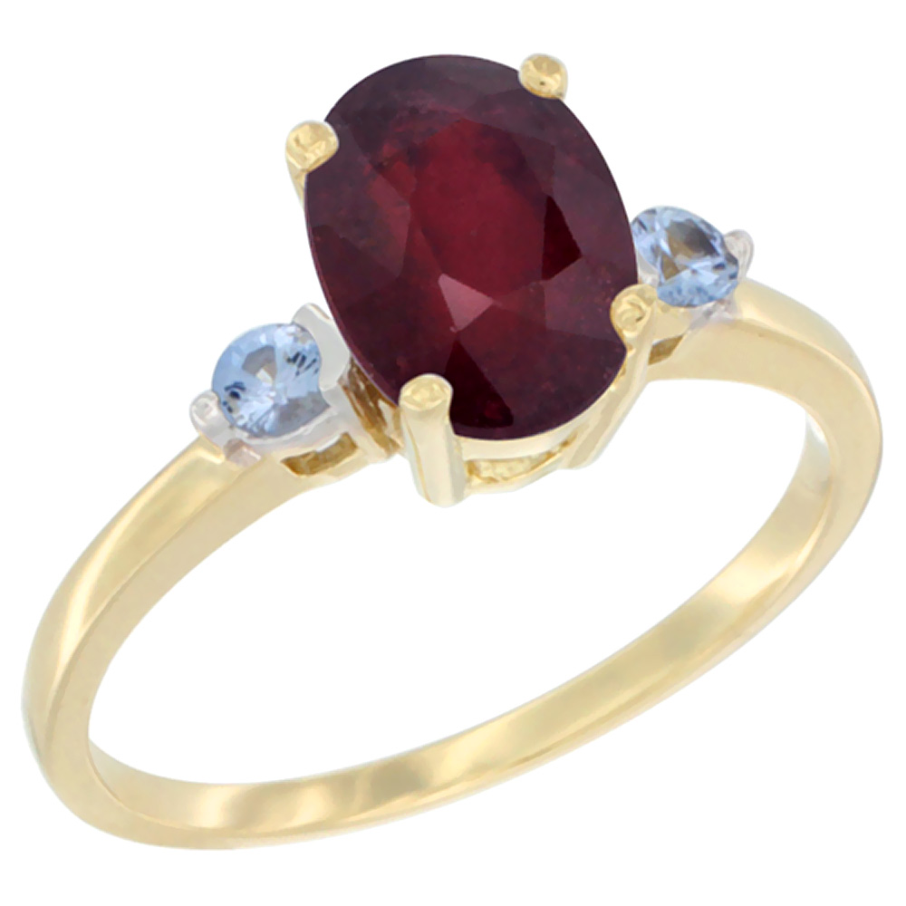 10K Yellow Gold Diamond Natural Quality Ruby Engagement Ring Oval 9x7mm Light Blue Sapphire Accent,sz5-10
