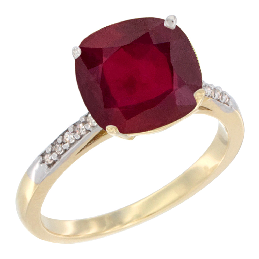14K Yellow Gold Diamond and Enhanced Genuine Ruby Ring Cushion-cut 9x9 mm, sizes 5 - 10