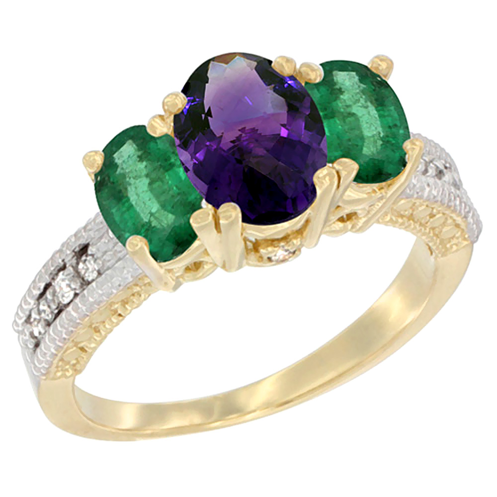 10K Yellow Gold Diamond Natural Amethyst Ring Oval 3-stone with Emerald, sizes 5 - 10