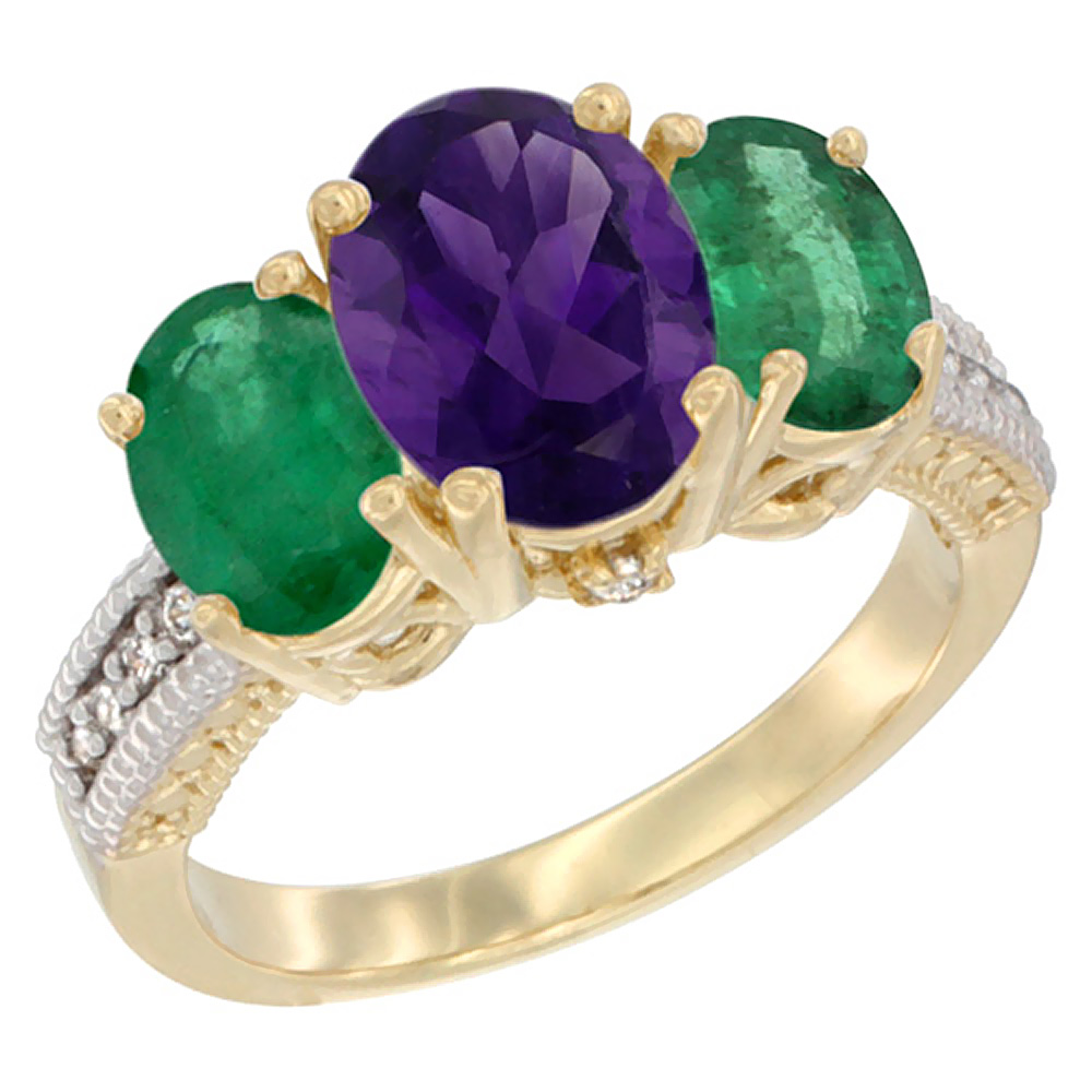14K Yellow Gold Diamond Natural Amethyst Ring 3-Stone Oval 8x6mm with Emerald, sizes5-10