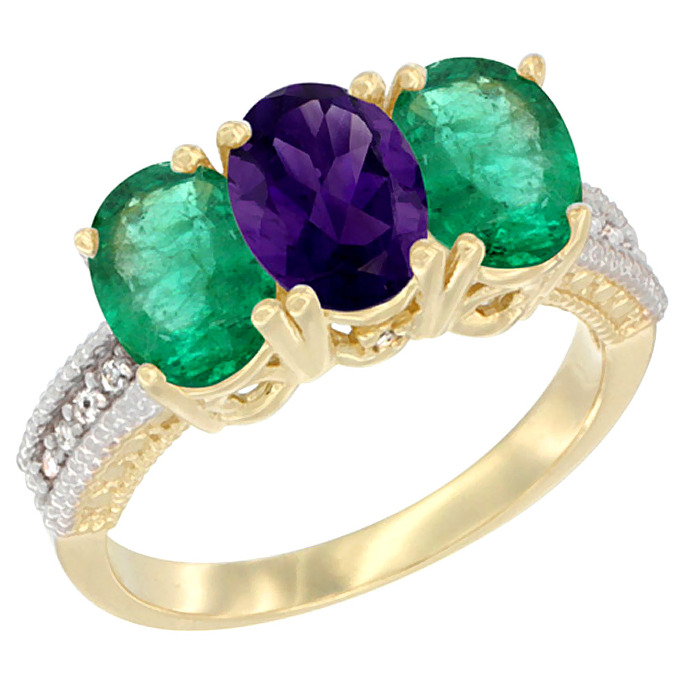 14K Yellow Gold Natural Amethyst & Emerald Sides Ring 3-Stone 7x5 mm Oval Diamond Accent, sizes 5 - 10