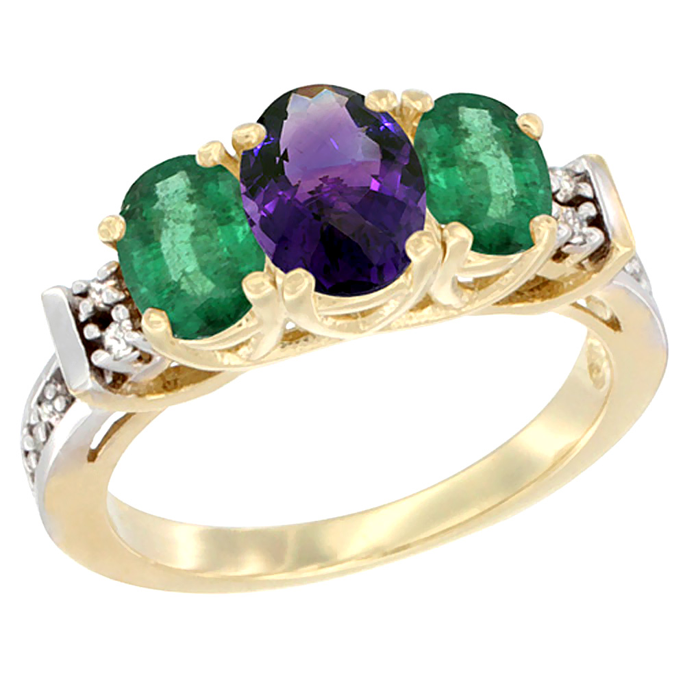14K Yellow Gold Natural Amethyst & Emerald Ring 3-Stone Oval Diamond Accent