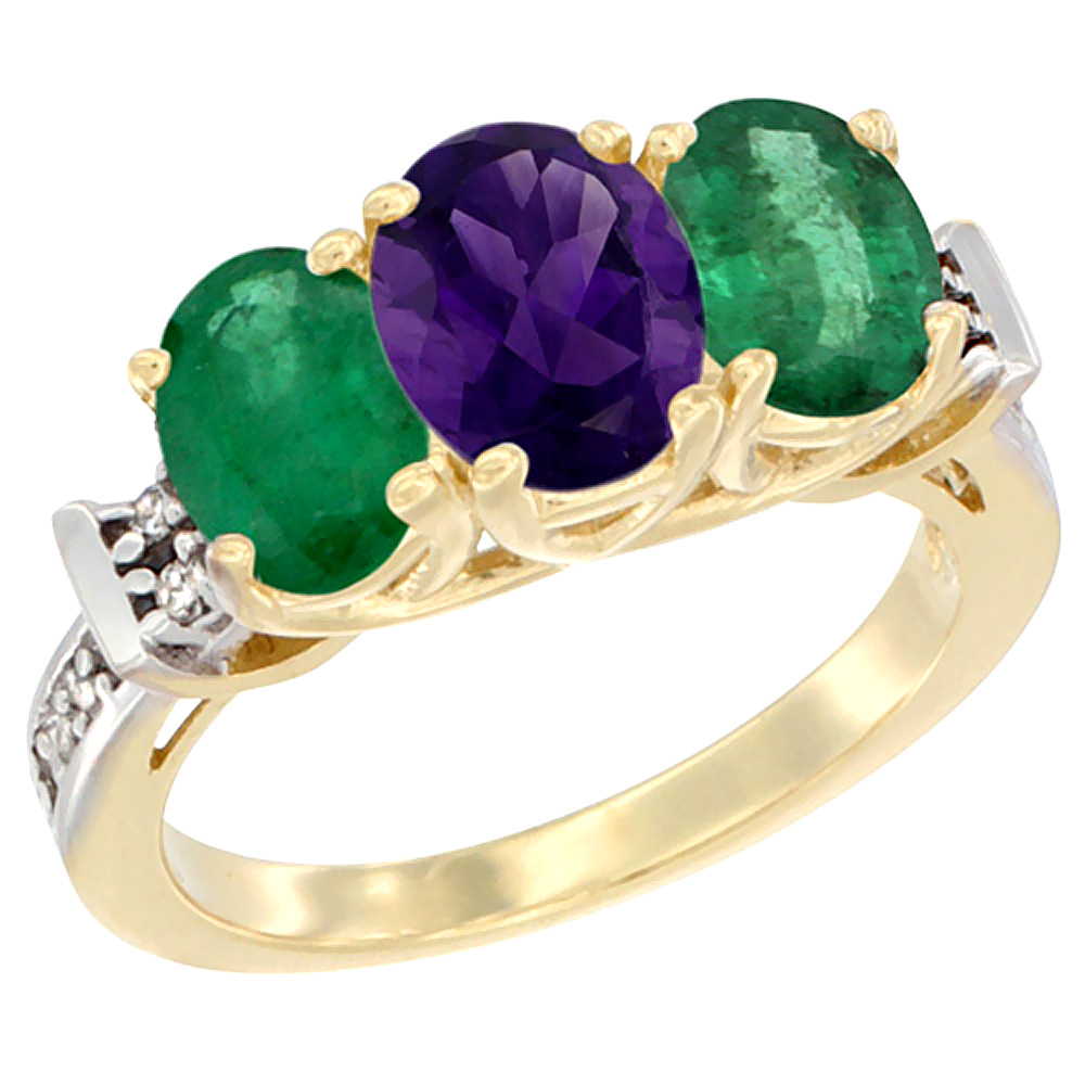 14K Yellow Gold Natural Amethyst & Emerald Sides Ring 3-Stone Oval Diamond Accent, sizes 5 - 10