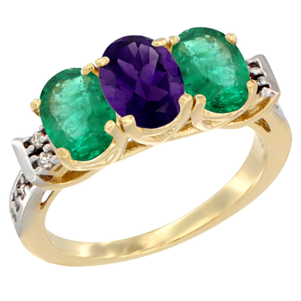 14K Yellow Gold Natural Amethyst &amp; Emerald Sides Ring 3-Stone Oval 7x5 mm Diamond Accent, sizes 5 - 10