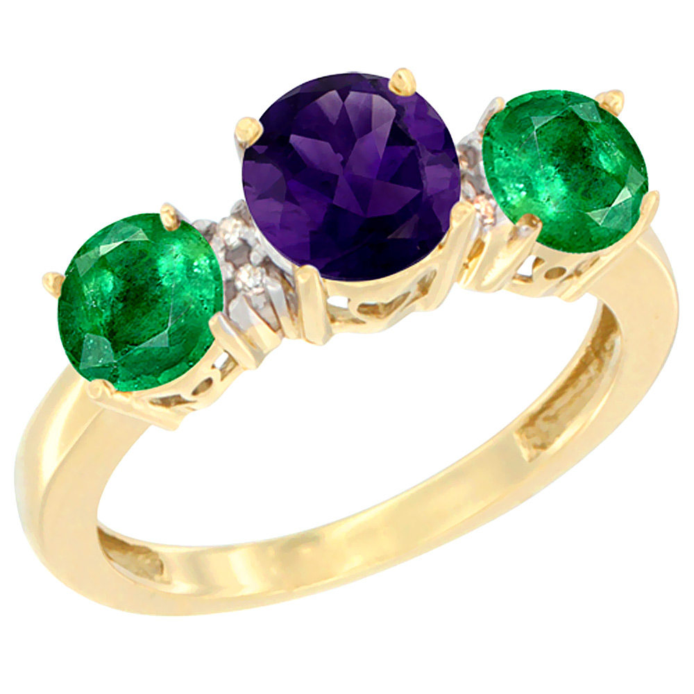 14K Yellow Gold Round 3-Stone Natural Amethyst Ring & Emerald Sides Diamond Accent, sizes 5 - 10