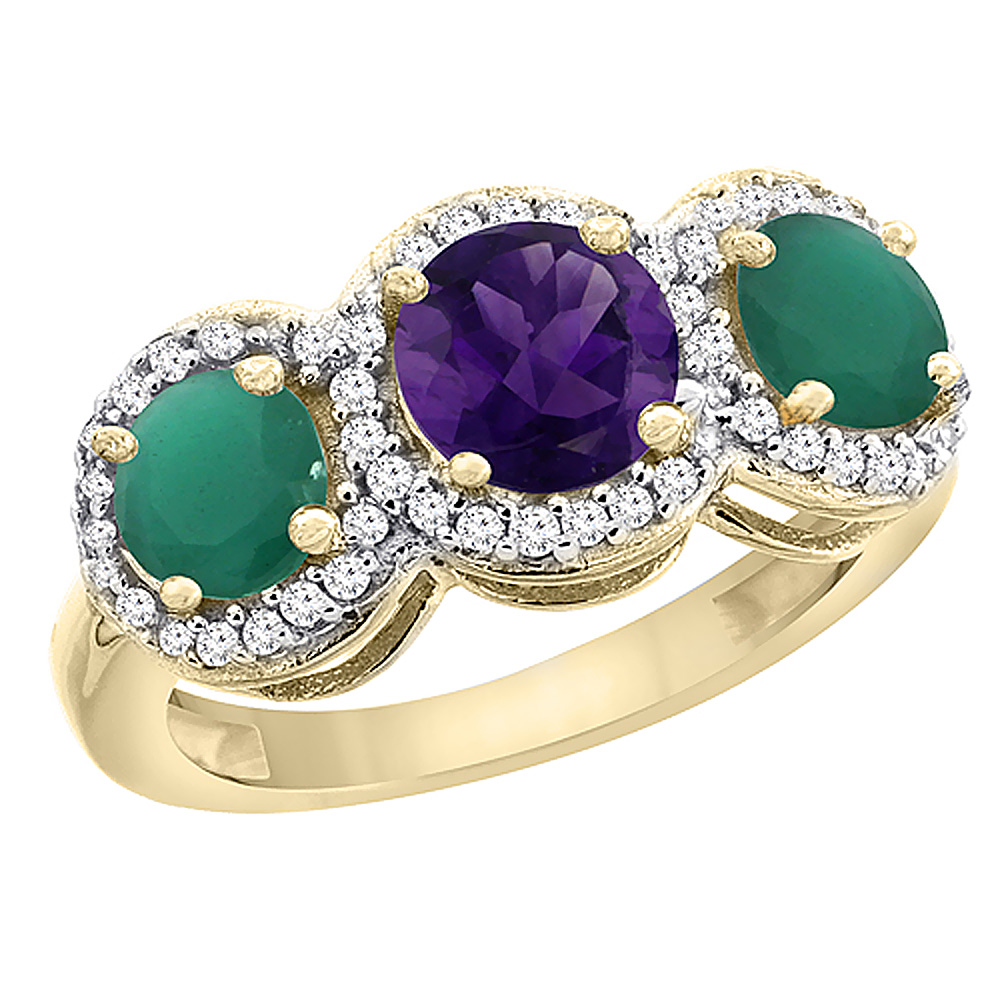 10K Yellow Gold Natural Amethyst &amp; Emerald Sides Round 3-stone Ring Diamond Accents, sizes 5 - 10