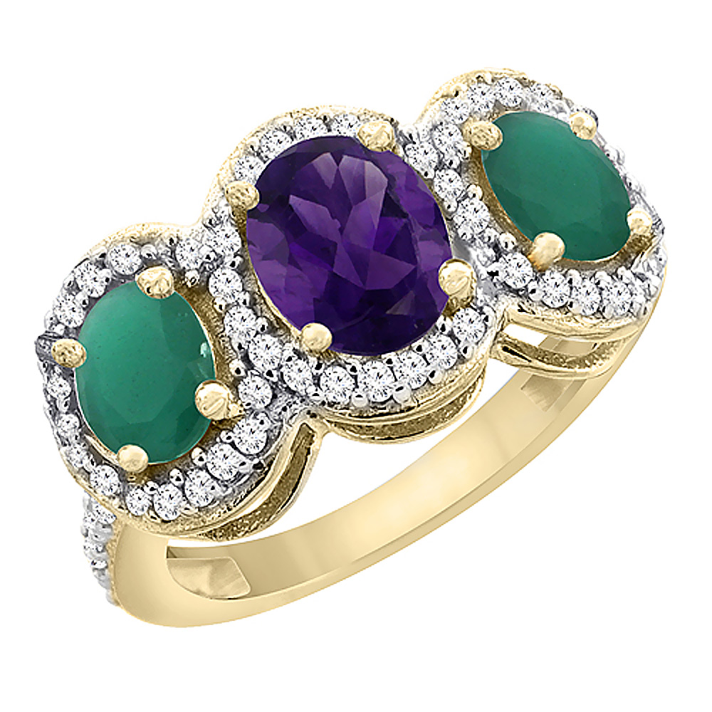 10K Yellow Gold Natural Amethyst &amp; Emerald 3-Stone Ring Oval Diamond Accent, sizes 5 - 10