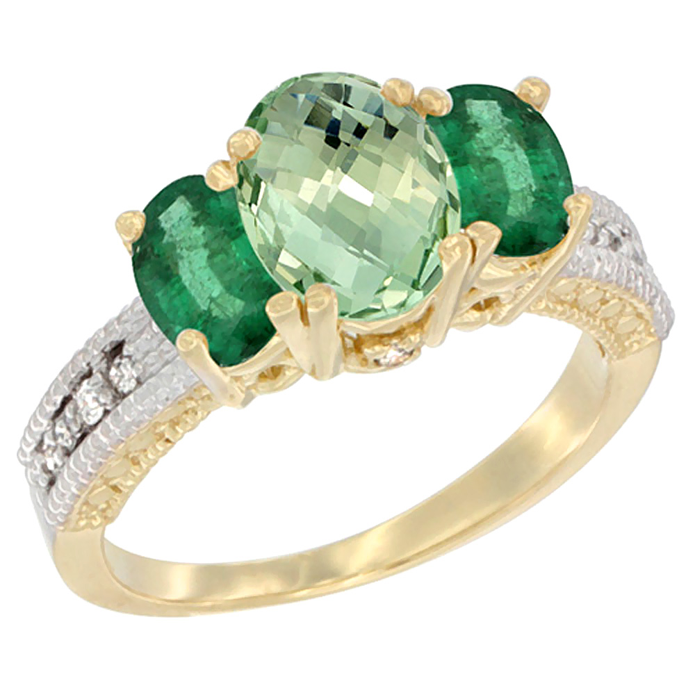 14K Yellow Gold Diamond Natural Green Amethyst Ring Oval 3-stone with Emerald, sizes 5 - 10