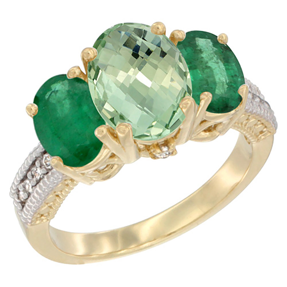 14K Yellow Gold Diamond Natural Green Amethyst Ring 3-Stone Oval 8x6mm with Emerald, sizes5-10