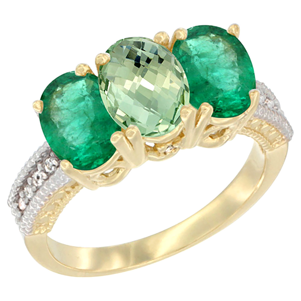 14K Yellow Gold Natural Green Amethyst &amp; Emerald Sides Ring 3-Stone 7x5 mm Oval Diamond Accent, sizes 5 - 10