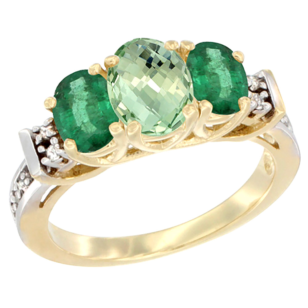 14K Yellow Gold Natural Green Amethyst &amp; Emerald Ring 3-Stone Oval Diamond Accent