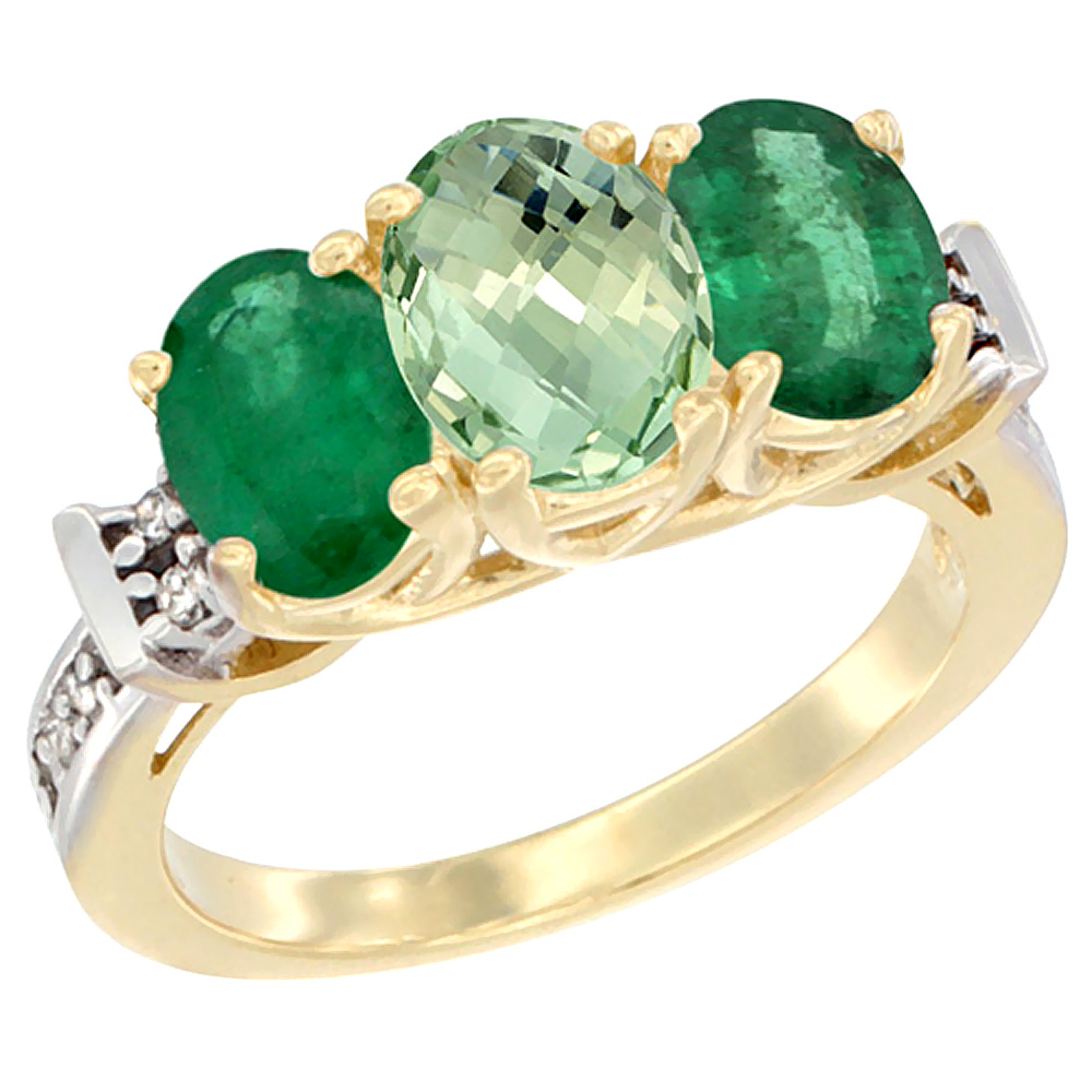 10K Yellow Gold Natural Green Amethyst & Emerald Sides Ring 3-Stone Oval Diamond Accent, sizes 5 - 10