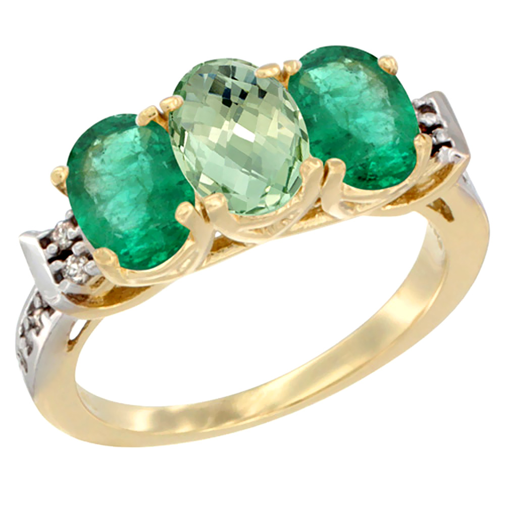 14K Yellow Gold Natural Green Amethyst & Emerald Sides Ring 3-Stone Oval 7x5 mm Diamond Accent, sizes 5 - 10