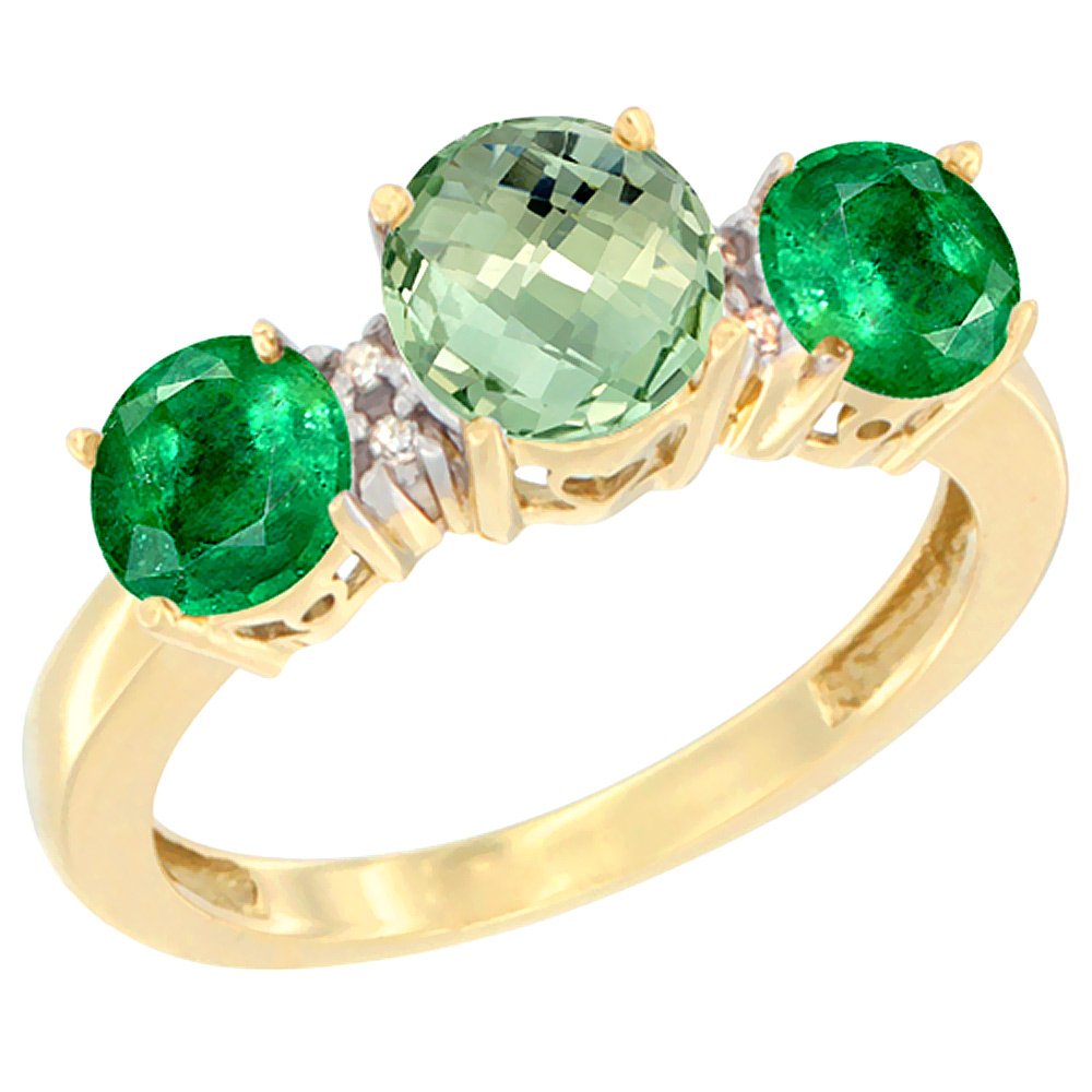 10K Yellow Gold Round 3-Stone Natural Green Amethyst Ring &amp; Emerald Sides Diamond Accent, sizes 5 - 10