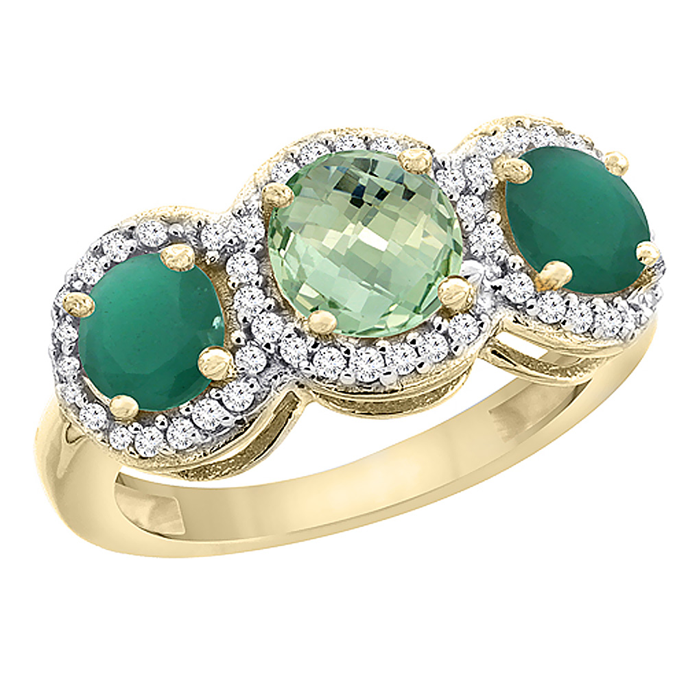 10K Yellow Gold Natural Green Amethyst &amp; Emerald Sides Round 3-stone Ring Diamond Accents, sizes 5 - 10