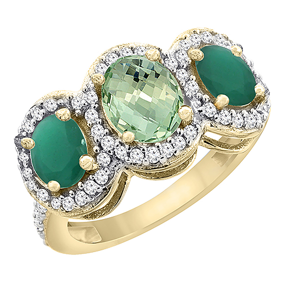 10K Yellow Gold Natural Green Amethyst &amp; Cabochon Emerald 3-Stone Ring Oval Diamond Accent, sizes 5 - 10