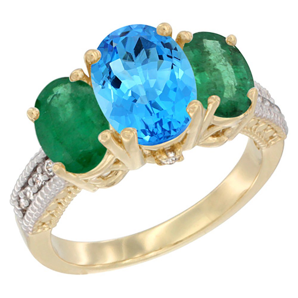 14K Yellow Gold Diamond Natural Swiss Blue Topaz Ring 3-Stone Oval 8x6mm with Emerald, sizes5-10