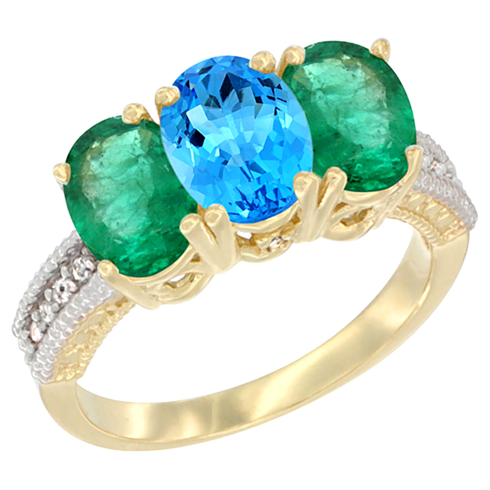 14K Yellow Gold Natural Swiss Blue Topaz &amp; Emerald Sides Ring 3-Stone 7x5 mm Oval Diamond Accent, sizes 5 - 10