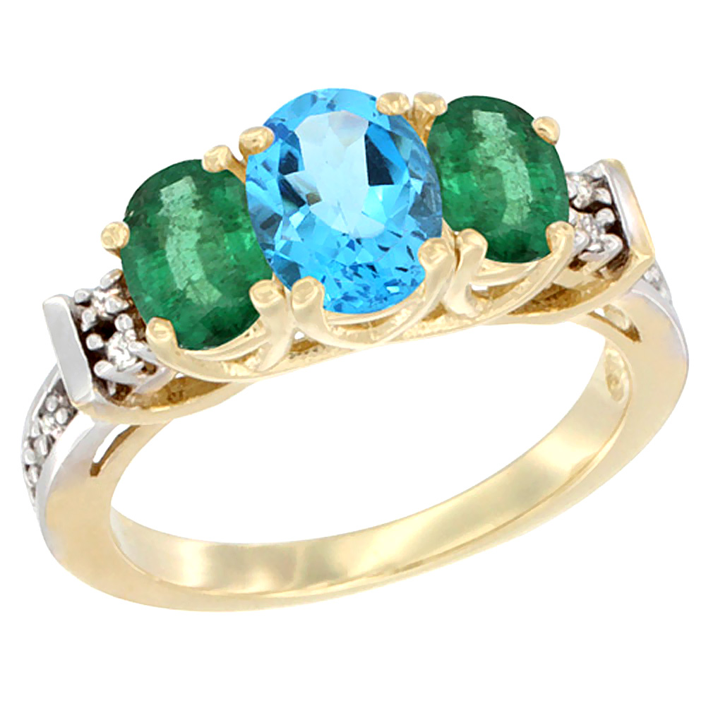 14K Yellow Gold Natural Swiss Blue Topaz & Emerald Ring 3-Stone Oval Diamond Accent