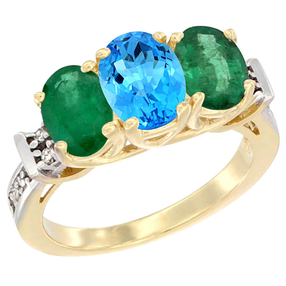 14K Yellow Gold Natural Swiss Blue Topaz &amp; Emerald Sides Ring 3-Stone Oval Diamond Accent, sizes 5 - 10