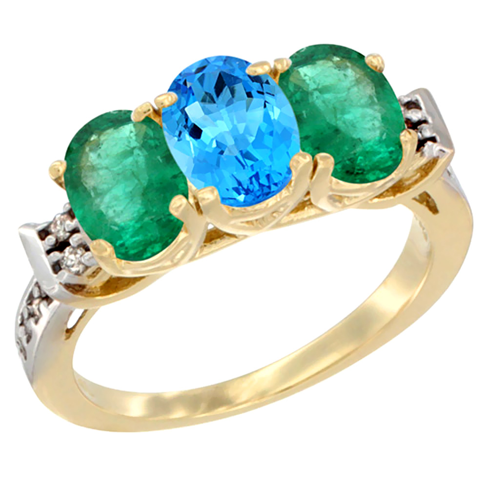 14K Yellow Gold Natural Swiss Blue Topaz &amp; Emerald Sides Ring 3-Stone Oval 7x5 mm Diamond Accent, sizes 5 - 10