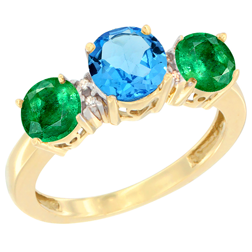 14K Yellow Gold Round 3-Stone Natural Swiss Blue Topaz Ring & Emerald Sides Diamond Accent, sizes 5 - 10