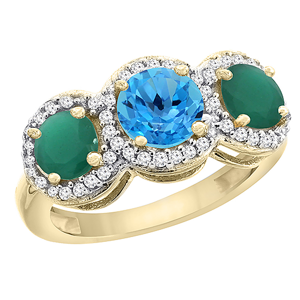 14K Yellow Gold Natural Swiss Blue Topaz &amp; Emerald Sides Round 3-stone Ring Diamond Accents, sizes 5 - 10