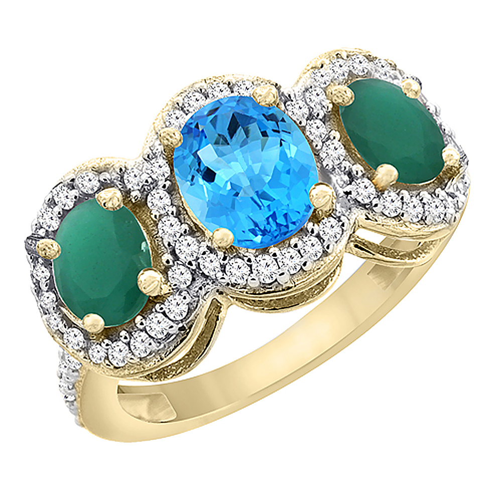 14K Yellow Gold Natural Swiss Blue Topaz & Emerald 3-Stone Ring Oval Diamond Accent, sizes 5 - 10