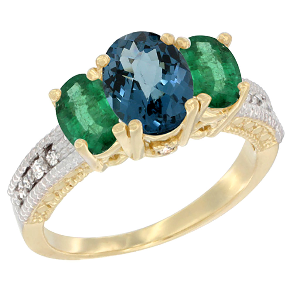 14K Yellow Gold Diamond Natural London Blue Topaz Ring Oval 3-stone with Emerald, sizes 5 - 10