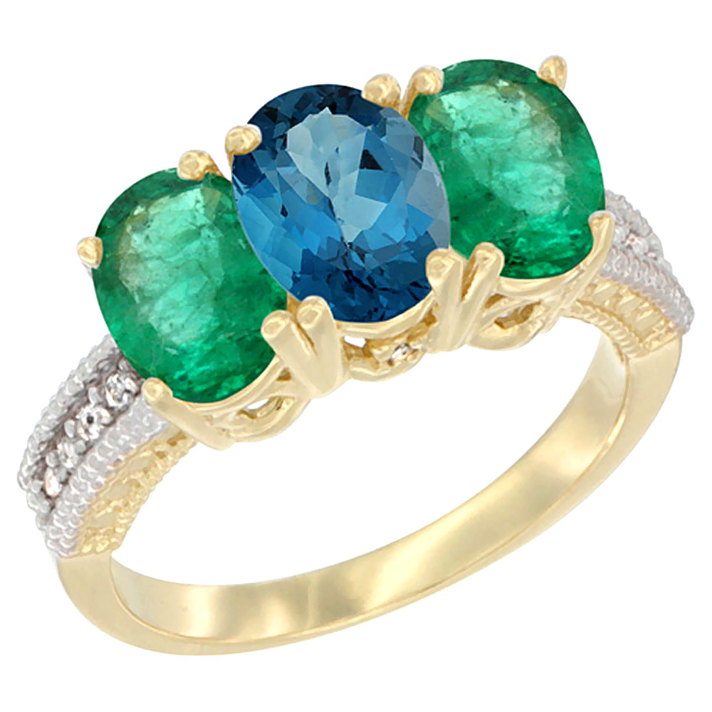 14K Yellow Gold Natural London Blue Topaz & Emerald Sides Ring 3-Stone 7x5 mm Oval Diamond Accent, sizes 5 - 10