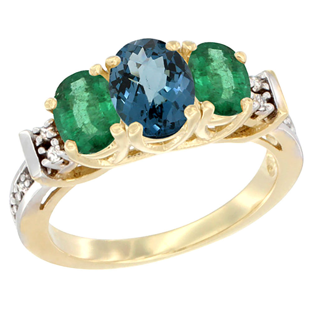 14K Yellow Gold Natural London Blue Topaz & Emerald Ring 3-Stone Oval Diamond Accent